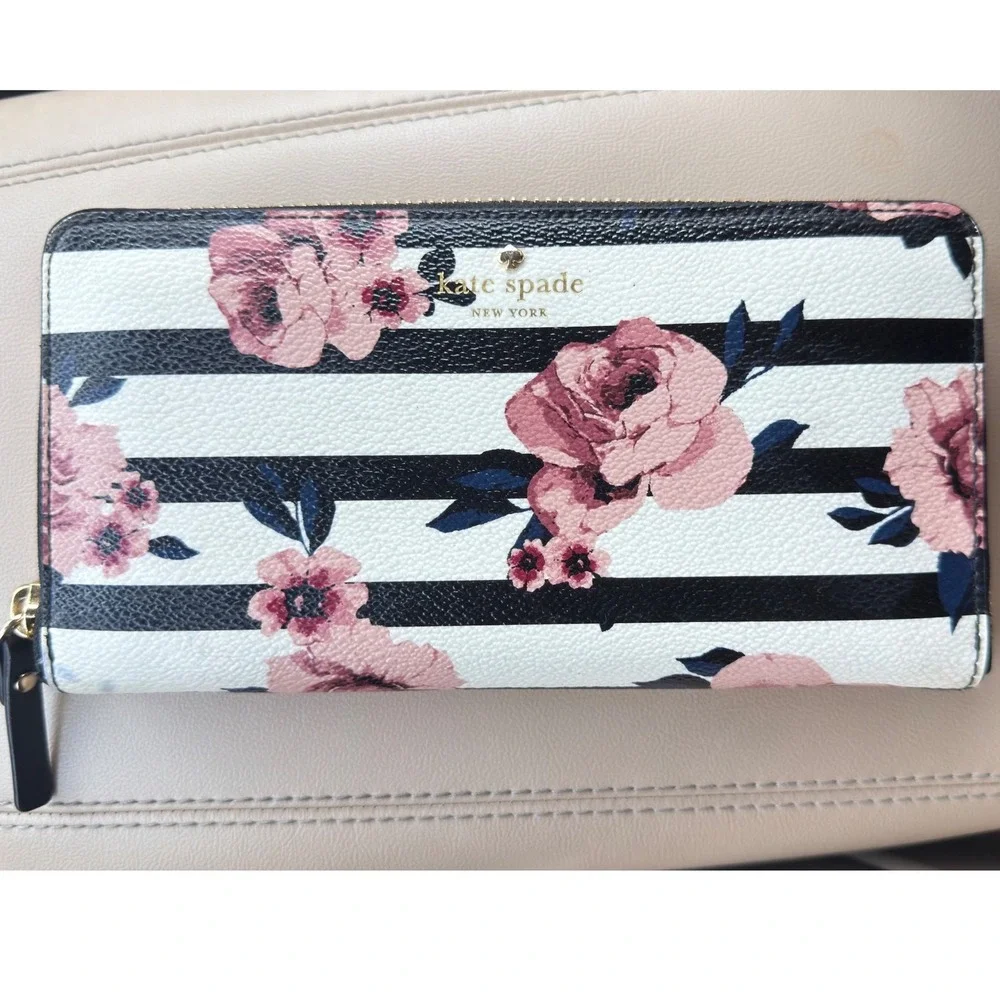 Kate Spade New York Striped Rose Floral Zip Around Continental Wallet Pink Black